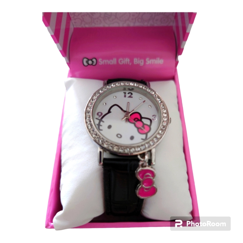 Hello Kitty Watch Black Band with Pink Bow Charm Gift Box NEW!
